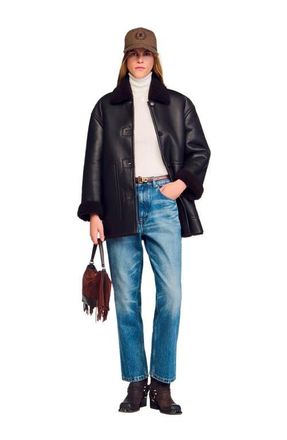 Sandro Aviator shearling coat in Black Brown at Nordstrom, Size 34 Eu