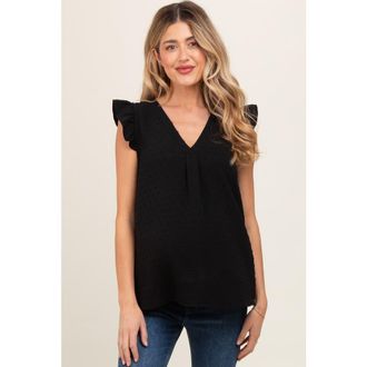 Pinkblush Swiss Dot Flutter Sleeve V-Neck Top in Black at Nordstrom, Size X-Large