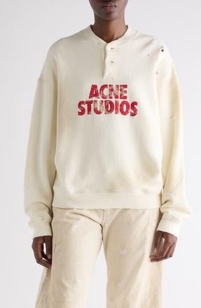 Acne Studios Logo Distressed Cotton Fleece Henley Sweatshirt in Off White at Nordstrom, Size X-Small