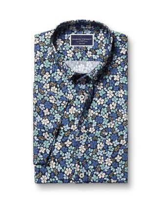 CHARLES TYRWHITT Non-Iron Floral Print Short Sleeve Cotton Shirt - Mid Blue Size XL by Charles Tyrwhitt