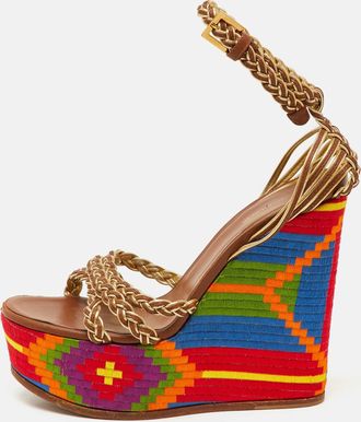 Roberto Cavalli Gold Braided Leather Platform Wedge Ankle Strap Sandals