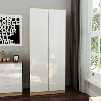 Elegant Lighting Soft Close 2 Doors Wardrobe with Metal Handles Includes a removable hanging rod and storage shelves High Gloss, White/Oak - Elegant