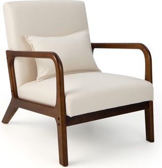 Costway Costway - Silla Moderna De Madera, Butaca De Salon Con Almohada Lumbar, Almohadillas De Fieltro Antideslizantes, Sill&oacute;n De Lectura Tapizado En Tela, 7