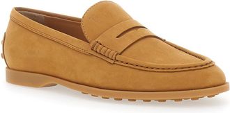 Tod's Womens Loafers Half Horsebit Beige Suede Calf Leather