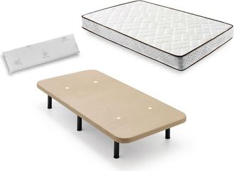 HOGAR 24 Cama Completa - Colchón Flexitex con Tejido 3D y Aloe Vera, Altura 18 cm + Base Tapizada Beige con Patas de 32 cm + Almohada de Visco, 105x180 cm