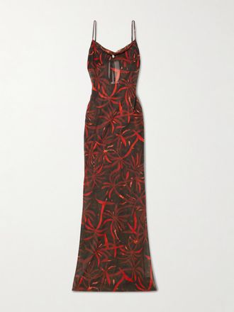 Sara Cristina Copricostume In Georgette Di Seta Riciclato Con Perle Palm - Rosso