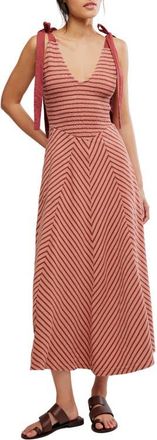 Free People Cecelia Stripe Tie Shoulder Midi Dress in Burnt Henna Combo at Nordstrom, Size X-Large