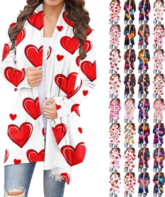 Generic Womens Heart Print Cardigans Elegant Valentines Cardigan Ladies Love Heart Printed Open Front Long Sleeve Coat Womens Plus Size Lightweight Romantic O