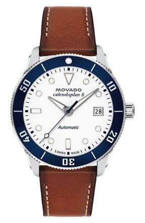 Movado Calendoplan Leather Strap Watch, 40mm in White at Nordstrom