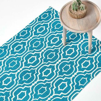 Homescapes Homescapes - Riga Teal and White 100% Cotton Printed Patterned Rug, 160 x 230 cm