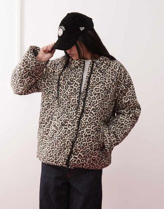 Noisy May quilted zip up jacket in leopard print-Brown