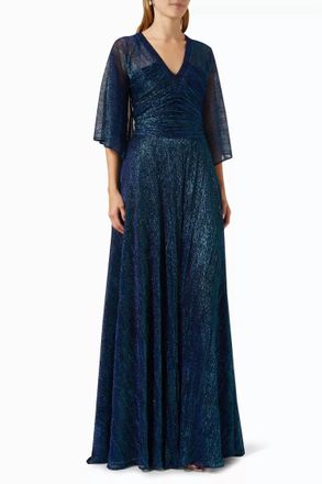 Talbot Runhof Hottie Metallic Voile 3/4 Sleeve V Neck Gown In Navy