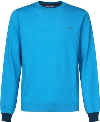 Sun 68 Blauwe Sweater met Ronde Hals en Logo Lange Mouwen - Heren - Ronde hals truien - Blauw - XL - Truien & Vesten