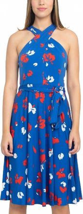 Tahari by ASL Crossed Neck Print Jersey Dress In Blue Multi