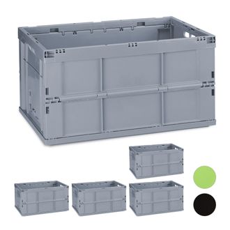 Relaxdays 5 Cajas De Almacenaje Plegables 60 L, Pl&aacute;stico, 31.5 X 58.5 X 40 Cm, Gris