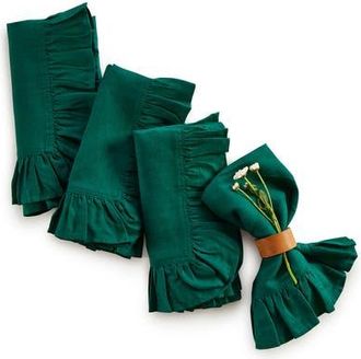 Solino Home Linen Dinner Napkins Set of 4, 20 x 20 Inch for Dining Table, Holiday and Everyday Table Decor - Gabrielle Ruffle in Rainforest at