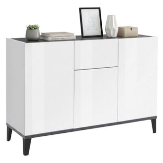 Dmora Aparador Ddybal, Aparador De Cocina Con 3 Puertas Y 1 Caj&oacute;n, Buffet De Sal&oacute;n, Aparador De Cocina, 100% Made In Italy, 120x40h82 Cm, Blanco Brillo Y Pi