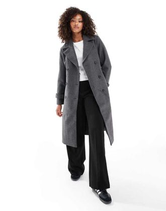 Vero Moda Cappotto midi doppiopetto grigio scuro m&eacute;lange con cintura