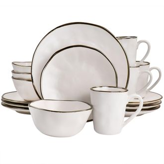 Elama Modern 16 Piece Stoneware Dinnerware Set in Matte Black with Gold Rim
