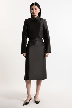 Karen Millen Womens The Founder Satin Twill Belted Tailored Midi Skirt - Black - Size 12 UK