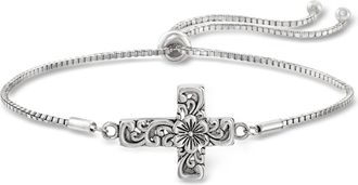 Ross-Simons Sterling Silver Bali-Style Floral Cross Bolo Bracelet