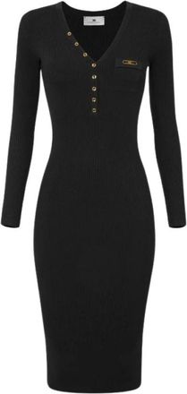 Elisabetta Franchi Geribbelde Gebreide Jurk met Zak - Dames - Casual kleedjes - Zwart - L - Satijn - Kleedjes