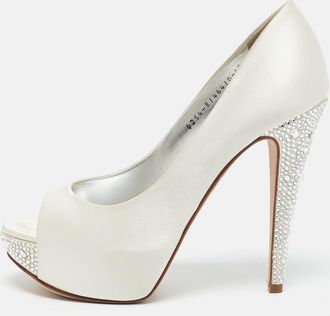 Gina White Satin Jenna Crystal Embellished Heel Open Toe Platform Pumps