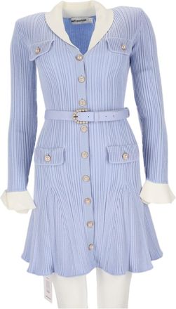 Self Portrait Ribbed Mini Dress With Belted Waist And Flared Skirt