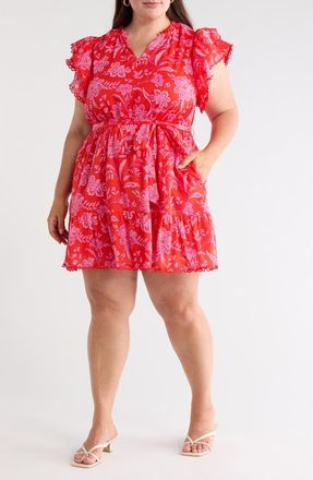 Sugarlips Aria Floral Print Ruffle Minidress in Red-Pink at Nordstrom, Size 3X