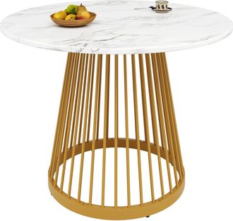 STILVORA Mesa De Comedor Redonda Para 4 Personas En Mdf Y Metal Con Motivo Marmoleado, Patas Doradas Ajustables - 80&times;80&times;76 Cm, Dorado Y Blanco