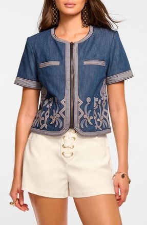 Ramy Brook Nicko Short Sleeve Denim Jacket in Tonal Embroidered Denim at Nordstrom, Size Xx-Small