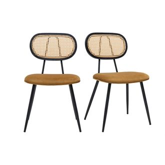 Miliboo Sillas De Dise&ntilde;o En Terciopelo Bronce, Metal Negro Y Rat&aacute;n Trenzado (juego De 2) Swann