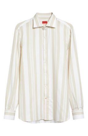 Isaia Stripe Cotton & Silk Button-Up Shirt in White Beig 01 at Nordstrom, Size 41