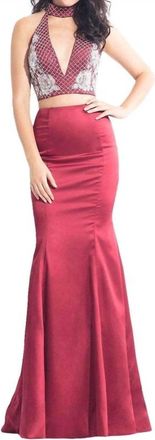 Rachel Allan Two Piece Long Halter Prom Dress In Marsala
