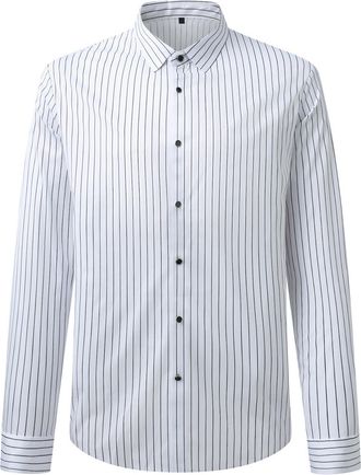 AlltheMen Mens Stretch Striped Shirt Long Sleeve Business Formal Button Down Dress Shirt Classic Fit White L