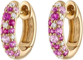 Eden Presley Glitter Diamond Huggie Hoop Earrings in Yellow Gold - Pink at Nordstrom