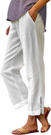 Generic Wide Leg Trousers for Women UK, Cotton Linen Trousers Womens UK Solid Color Elasticated Waist Trouser Ladies Summer Lounge Pants Plain Loose Fit Capri