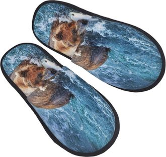 Generic Women Men Slippers Bear Hunting Fish On Alaska House Slippers Washable House Shoes Deluxe Bedroom Slipper For Spa Party Travel M