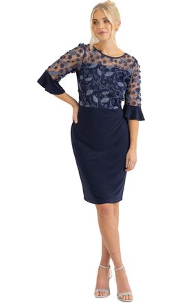 Klass ITY Floral Applique Fitted Dress - Navy - 16