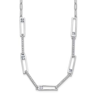 Diamond2Deal Sterling Silver Polished Cubic Zirconia Rectangular and Paperclip Link Necklace 18