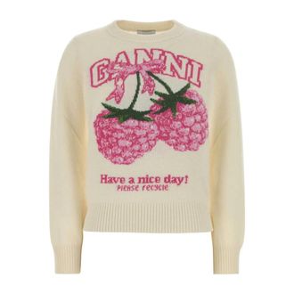 Ganni Logo Sweater Met Frambozenprint - Dames - Ronde hals truien - Wit - 2XS - Wol - Truien & Vesten