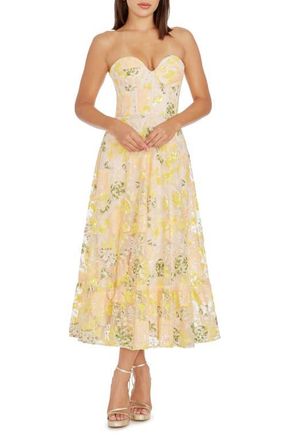 Dress The Population Carina Sequin Appliqu&eacute; Midi Dress in Canary Multi at Nordstrom, Size Xx-Small