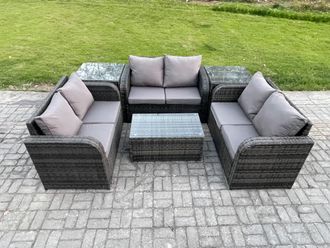 Fimous Outdoor Garden Furniture Sets 6 Seater Wicker Rattan Furniture Sofa Sets with Rectangular Coffee Table Love Sofa 2 Side Tables in Dark Grey