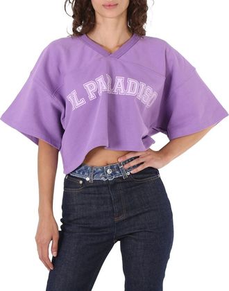 System Ladies Violet Lettering Short-Sleeve V-Neck Cropped Top, Brand Size 34 (US Size 2)