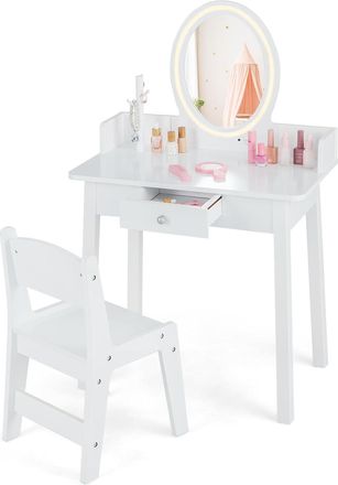 Costway Costway - Tocador De Maquillaje Ni&ntilde;a Con Taburete, Tocador Ni&ntilde;a Con Espejo Iluminado Con Iluminaci&oacute;n Led De 2 Colores, Organizador De Joyas Y Caj&oacute;n, J