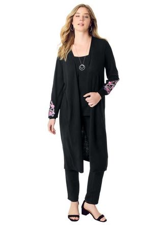 Roaman's Embroidered Duster Cardigan in Black Bloom Vine at Nordstrom, Size 12