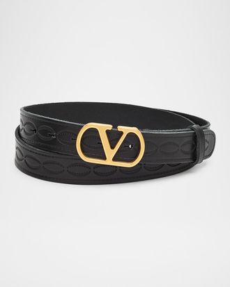 Valentino Garavani Men & apos;s Leather V Logo Buckle Belt