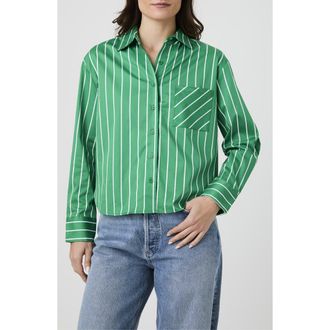 French Connection Boxy Stripe Button-Up Shirt in Tambourine Green/White Stripe at Nordstrom Rack, Size X-Large