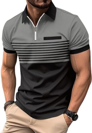 Generic Striped Polo Shirts for Men Adult Zipper Golf Polo Shirt Business Work Fashion Mens T-Shirts Breathable (UK, Alpha, L, Regular, Regular, Gray)