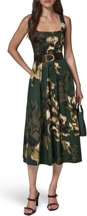 DKNY Printed Belted Fit & Flare Midi Dress in Black Fore at Nordstrom, Size 16